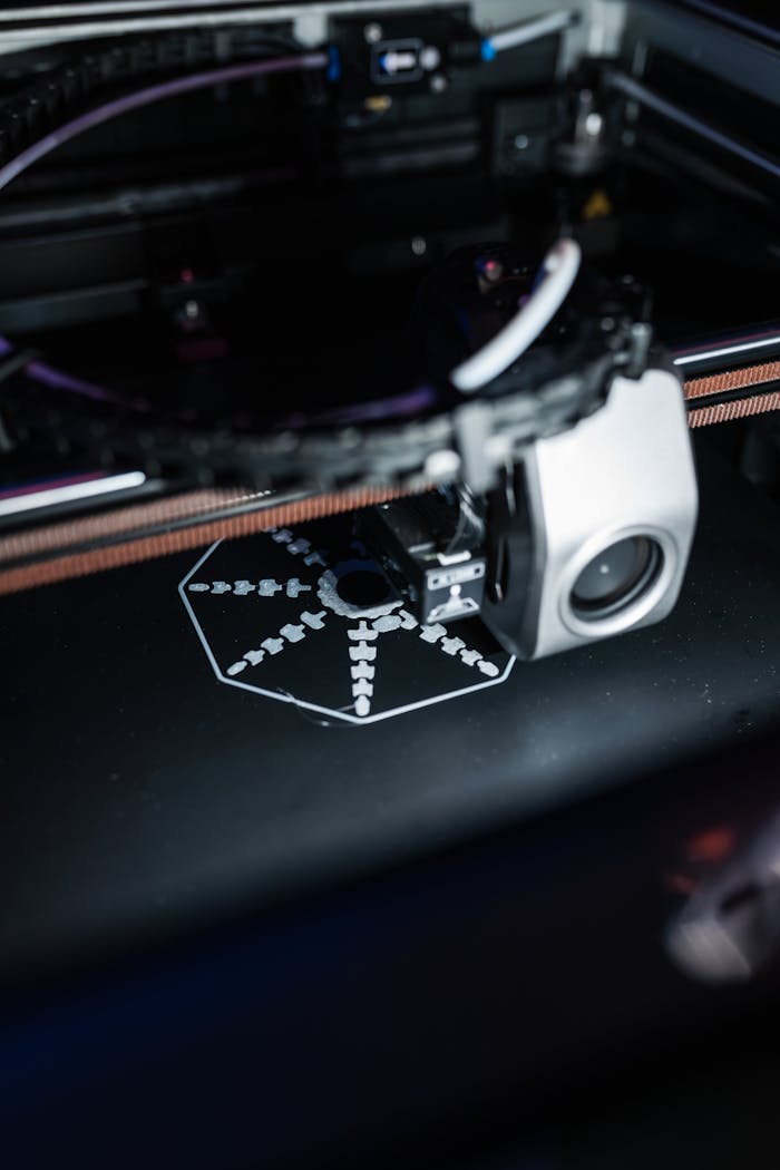 Detailed view of a 3D printer creating a precise object, showcasing advanced technology.